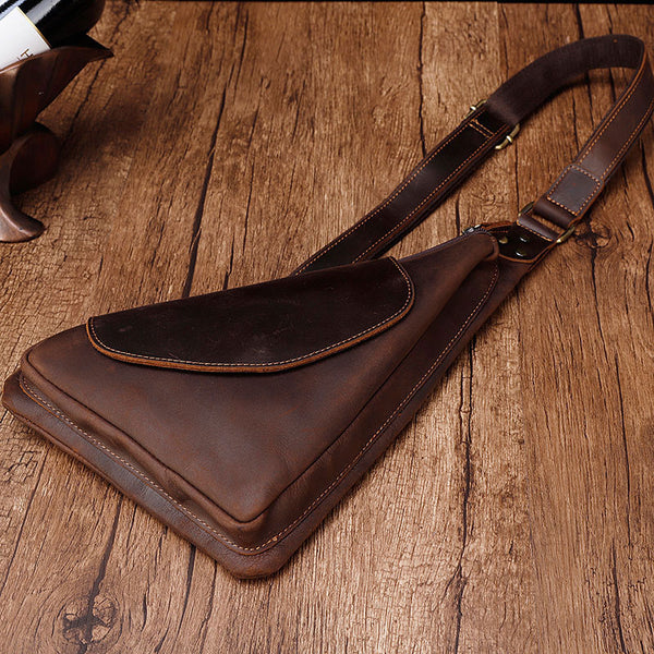 Cool Brown Leather Triangular Chest Bag Sling Bag Sling Crossbody Bag For Mens - iwalletsmen