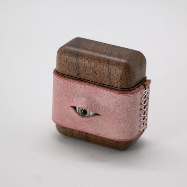 Handmade Pink Leather Coffee Wood AirPods 1,2 Case with Eye Custom Leather AirPods 1,2 Case Airpod Case Cover - iwalletsmen