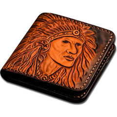Handmade Leather Indian Chief Tooled Mens billfold Wallet Cool Leather Wallet Slim Wallet for Men