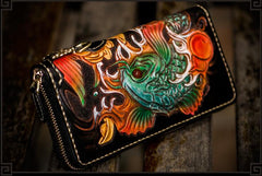 Handmade Leather Tooled Carp Mens Chain Biker Wallet Cool Leather Wallet Long Phone Wallets for Men
