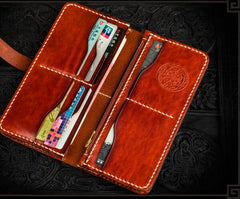 Handmade Leather Men Tooled Chinese Lion Cool Leather Wallet Long Phone Wallets for Men