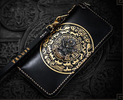 Handmade Leather Tibetan Mens Chain Biker Wallet Cool Leather Wallet Long Clutch Wallets for Men