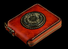 Handmade Leather Small Tibetan Tooled Mens billfold Wallet Cool Chain Wallet Biker Wallet for Men