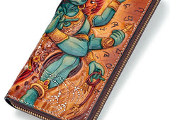 Handmade Leather Tooled Ucchusma Mens Chain Biker Wallet Cool Leather Wallet Zipper Long Phone Wallets for Men