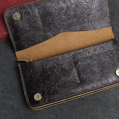 Handmade Leather Floral Mens Cool Travel Long Wallet Card Holder Card Slim Clutch Wallets for Men