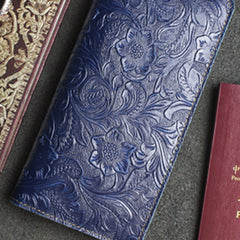 Handmade Leather Floral Mens Cool Travel Long Wallet Passport Card Holder Card Slim Wallets for Men