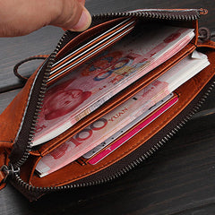 Handmade Leather Mens Cool Long Leather Wallet Zipper Clutch Wristlet Wallet for Men