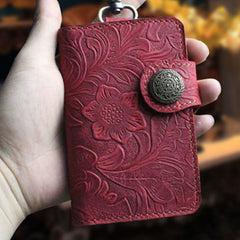 Handmade Leather Floral Mens Cool Key Wallet Wallet Card Holder Small Card Keychain Wallets for Men