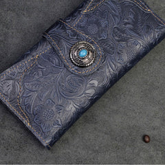 Handmade Leather Floral Mens Cool Travel Long Wallet Card Holder Card Slim Clutch Wallets for Men