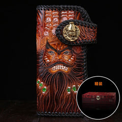 Handmade Mens Cool Tooled Zhong Kui demon Leather Chain Wallet Biker Trucker Wallet with Chain