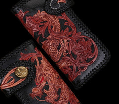 Handmade Mens Cool Tooled Chinese Dragon Leather Chain Wallet Biker Trucker Wallet with Chain