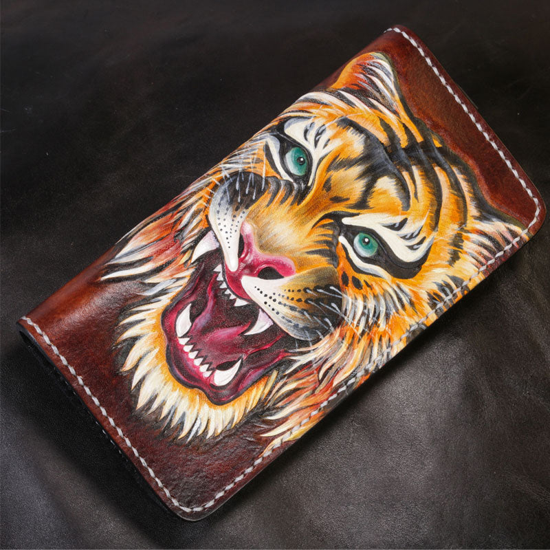 Handmade Leather Tiger Tooled Mens Chain Biker Wallet Cool Leather Wallet Long Phone Wallets for Men