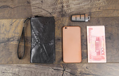 Handmade Genuine Leather Mens Cool Long Leather Wallet Biker Wallet Zipper Clutch Wristlet Wallet for Men
