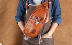 Genuine Leather Mens Cool Chest Bag Sling Bag Crossbody Bag Travel Bag Hiking Bag for men