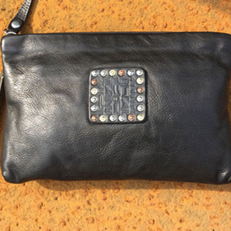 Handmade Genuine Leather Mens Clutch Cool Slim Wallet Zipper Clutch Wristlet Wallet for Men