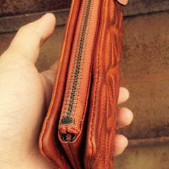 Genuine Leather Mens Cool Long Leather Wallet Zipper Clutch Wristlet Wallet for Men