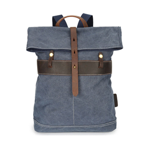 Cool Waxed Canvas Blue Leather Mens Backpack Canvas Travel Backpack Canvas School Backpack for Men - iwalletsmen