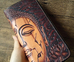 Handmade Leather Buddha&Demon Tooled Mens Long Wallet Cool Leather Wallet Clutch Wallet for Men
