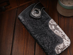 Handmade Leather Mens Cool Black Obsidian Chain Wallet Biker Trucker Wallet with Chain