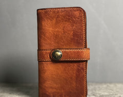 Handmade Genuine Leather Mens Cool Long Leather Wallet Biker Wallet Zipper Clutch Wristlet Wallet for Men