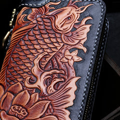 Handmade Leather Tooled Carp Mens Chain Biker Wallet Cool Leather Wallet Zipper Long Phone Wallets for Men