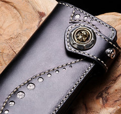 Handmade Leather Mens Chain Biker Wallet Cool Leather Wallet Long Phone Wallets for Men