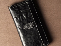 Genuine Leather Mens Cool Long Leather Wallet Cards Phone Zipper Clutch Wristlet Wallet for Men