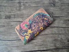 Handmade Leather Chinese Lion Tooled Mens Long Wallet Cool Leather Wallet Clutch Wallet for Men