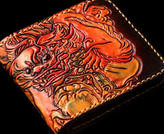 Handmade Leather Chinese Lion Tooled Mens billfold Wallet Cool Leather Wallet Slim Wallet for Men