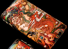 Handmade Leather Tooled White Jambhala Mens Chain Biker Wallet Cool Leather Wallet Zipper Long Phone Wallets for Men