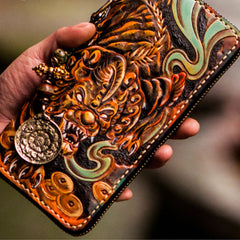 Handmade Leather Mens Tooled Monster Chain Biker Wallet Cool Leather Wallet Long Clutch Wallets for Men