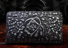 Handmade Leather Mens Tooled Skull Death Cool Zipper Phone Travel Long Wallet Card Holder Card Slim Clutch Wallets for Men