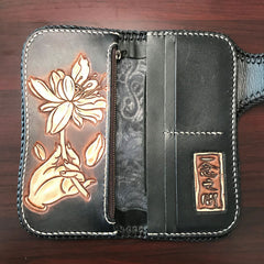 Handmade Leather Mens Cool Black Buddha Chain Wallet Biker Trucker Wallet with Chain