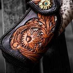 Handmade Leather Tooled Floral Mens Chain Biker Wallet Cool Leather Wallet With Chain Wallets for Men
