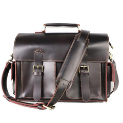 Vintage Dark Brown Leather Mens 14 inches Briefcase Work Shoulder Briefcase Handbags For Men - iwalletsmen
