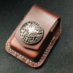 Brown Handmade Leather Mens Chinese Dragon Zippo Lighter Holders Lighter Case For Men - iwalletsmen
