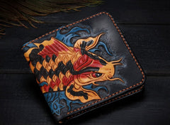 Handmade Leather Carp Tooled Mens billfold Wallet Cool Leather Wallet Slim Wallet for Men