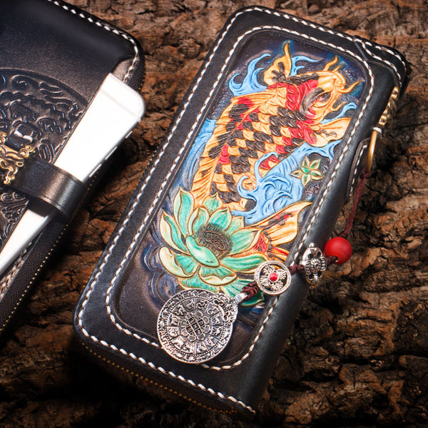 Handmade Leather Carp Mens Chain Biker Wallet Cool Leather Wallet Long Phone Wallets for Men - iwalletsmen