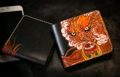 Handmade Leather Chinese Lion Tooled Mens billfold Wallet Cool Leather Wallet Slim Wallet for Men
