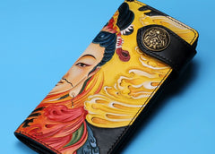 Handmade Leather Quan yin Buddha Mens Chain Biker Wallet Cool Leather Wallet With Chain Wallets for Men