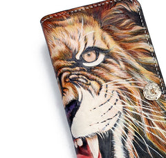 Handmade Leather Tooled Tiger Mens Chain Zipper Biker Wallet Cool Leather Wallet Long Phone Wallets for Men