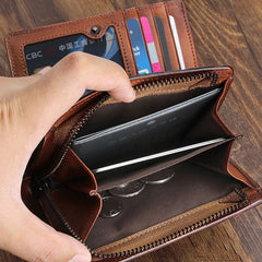 Handmade Mens Cool billfold Leather Wallet Men Small Zipper Wallets Bifold for Men