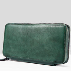 Handmade Leather Mens Cool Long Leather Wallet Bifold Zipper Clutch Wallet for Men