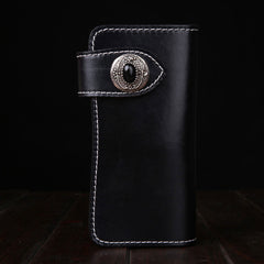 Handmade Leather Mens Cool Black Obsidian Chain Wallet Biker Trucker Wallet with Chain