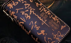 Handmade Leather Mens Chain Chinese Handwriting Biker Wallet Cool Leather Wallet Long Phone Wallets for Men