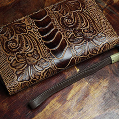 Handmade Leather Mens Tooled Floral Cool Zipper Phone Travel Long Wallet Card Holder Card Slim Clutch Wallets for Men