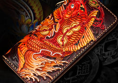 Handmade Leather Tooled Carp Mens Chain Biker Wallet Cool Leather Wallet Long Phone Wallets for Men