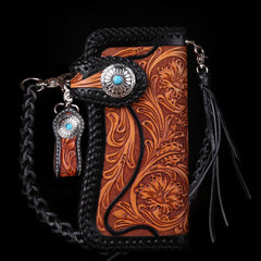 Handmade Mens Cool Tooled Floral Leather Chain Wallet Biker Trucker Wallet with Chain - iwalletsmen