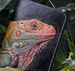 Handmade Leather Chameleon Mens Chain Zipper Biker Wallet Cool Leather Wallet Long Phone Wallets for Men