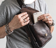 Genuine Leather Mens Cool Chest Bag Sling Bag Crossbody Bag Travel Bag Hiking Bag for men